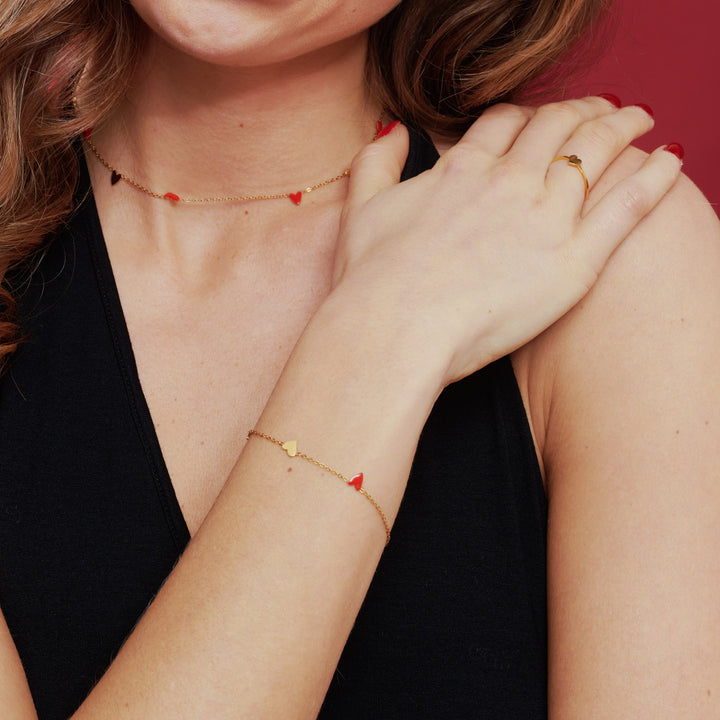 Linnea - Hartketting Armband Rood & Goud RVS