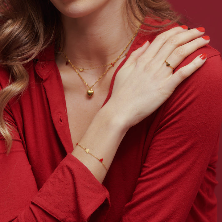 Linnea - Hartketting Armband Rood & Goud RVS